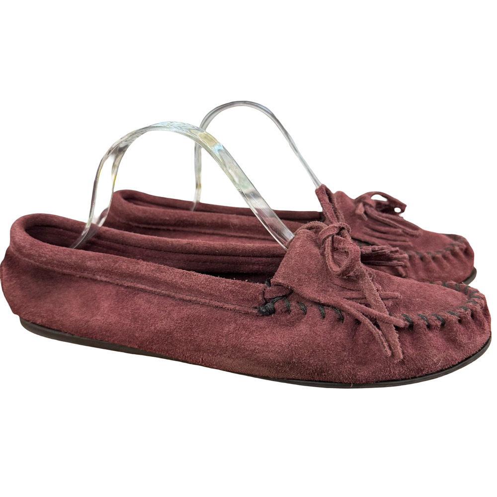 Minnetonka Plum Suede Moccasins Flats Slip On Kiltie Fringe Leather Shoes sz 11